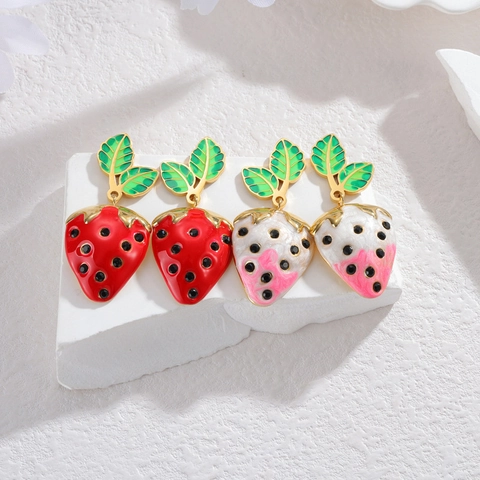 Sweet Strawberry Stud Earrings With Titanium Steel Earring Post Enamel Fruit Design For Women Girls