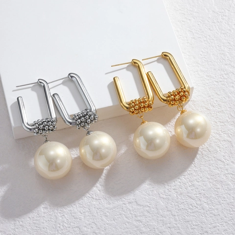 Pendientes Colgantes Geométricos En Forma De U Vintage Francés Para Mujer Acero Inoxidable Perla Artificial De Imitación Grande Joyería