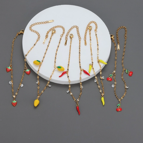Tobillera De Acero Inoxidable De Frutas Para Mujer Esmalte Colorido Fresa Cereza Mango Chile Colgante Con Zircón Joyería Ajustable