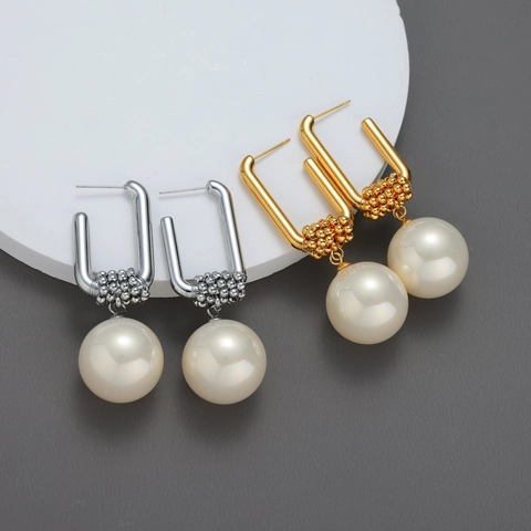 Pendientes Colgantes Geométricos En Forma De U Vintage Francés Para Mujer Acero Inoxidable Perla Artificial De Imitación Grande Joyería