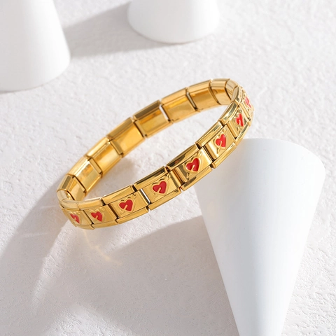 Bracciale Italian Charm Acciaio Inossidabile Placcato Oro Smalto Cuore Modulare Elastico Gioielli Di Moda Per Donna