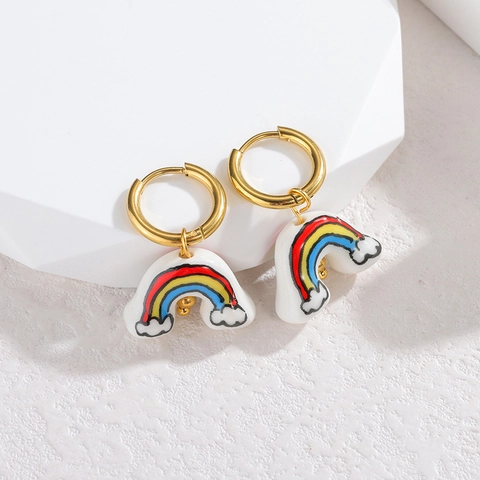 Rainbow Cloud Hoop Earrings Gold Plated Stainless Steel Enamel Dainty Cute Jewelry For Women Girls Hand Painted Style
