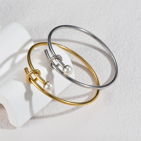 Brazalete Abierto De Nudo Minimalista De Acero Inoxidable Con Perla Artificial Joyería Elegante Chapada En Oro Para Mujer