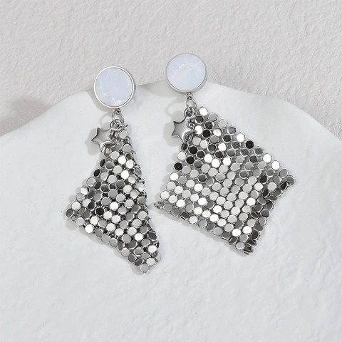 Geometric Rhombus Mesh Sequin Long Drop Earrings Stainless Steel With White Round Stud And Star Charm For Women Unique Boho