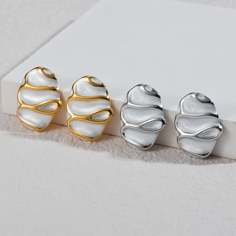 Edelstahl Irreguläre Ovale Ohrstecker Weiße Emaille Wellenstruktur Minimalistischer Metallischer Modeschmuck Für Frauen