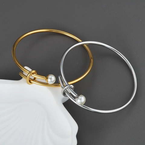 Brazalete Abierto De Nudo Minimalista De Acero Inoxidable Con Perla Artificial Joyería Elegante Chapada En Oro Para Mujer