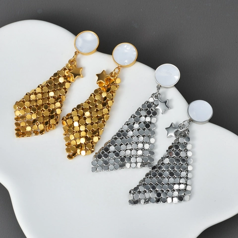 Geometric Rhombus Mesh Sequin Long Drop Earrings Stainless Steel With White Round Stud And Star Charm For Women Unique Boho