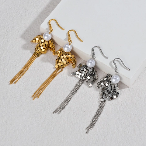 Vintage Geometrische Schuppen Pailletten Quaste Ohrhänger Edelstahl Künstliche Perlenimitat Für Damen 18K Vergoldet Elegant