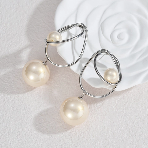 Pendientes Colgantes De Aro Retorcido Irregular Acero Inoxidable Con Perla Artificial De Imitación Grande Joyería Elegante Para Mujer