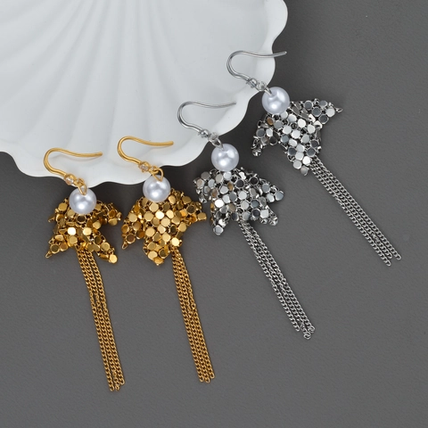 Vintage Geometrische Schuppen Pailletten Quaste Ohrhänger Edelstahl Künstliche Perlenimitat Für Damen 18K Vergoldet Elegant
