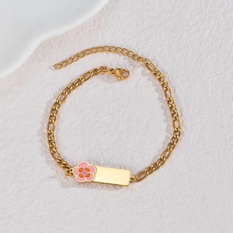 Bracelet Chaine Figaro Acier Inoxydable Plaque Or Plaque ID Rectangulaire Email Colore Coeur Fleur Papillon Bijoux Femmes