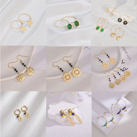 Stainless Steel Gold Plated Hoop Dangle Earrings With Beads Flower Star Sun Leaf Bee Charms Bohemian Style Women Jewelry