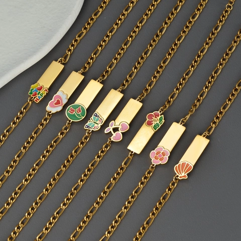 Bracelet Chaine Figaro Acier Inoxydable Plaque Or Plaque ID Rectangulaire Email Colore Coeur Fleur Papillon Bijoux Femmes