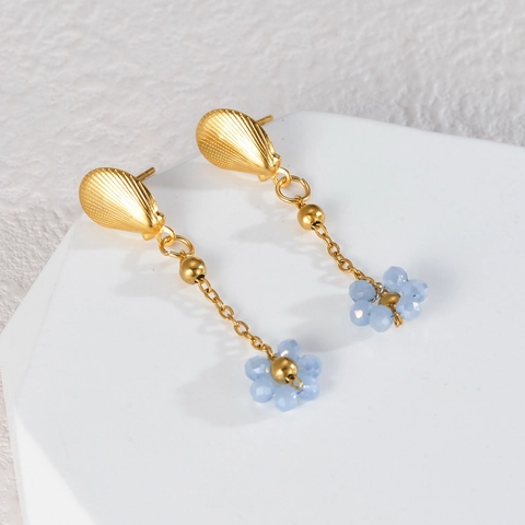 Flower Shell Dangle Earrings Stainless Steel Gold Plated Long Chain Colorful Bead Drop Sweet Elegant Jewelry For Women
