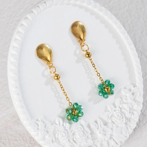Pendientes Largos de Borla con Flores de Acero Inoxidable para Mujer Diseño de Concha Bañado en Oro Joyas de Strass