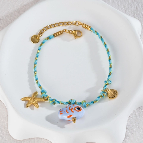 Bracciale Intrecciato A Mano A Tema Oceanico Con Ciondoli A Forma Di Stella Marina Pesce Tartaruga In Acciaio Inossidabile Placcato Oro Per Donna