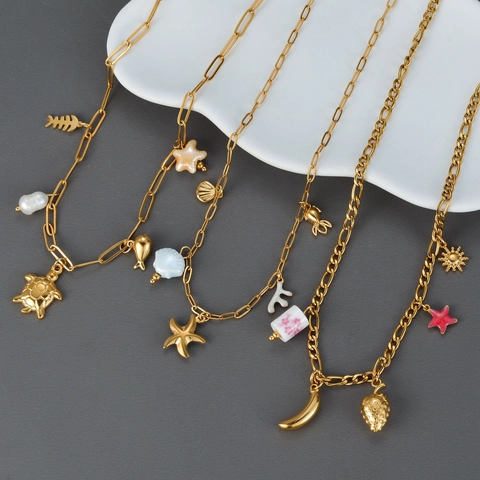 Ketting Roestvrij Staal Verguld Dames Keramische Kralen Oceaanhangers Schildpad Zeester Schelp Zomer Sieraden