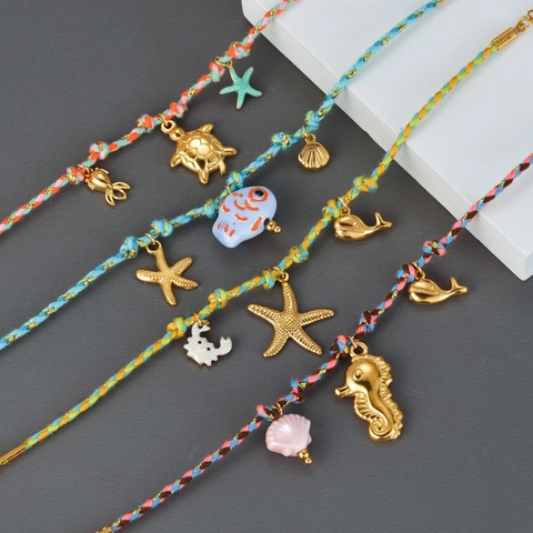 Bracciale Intrecciato A Mano A Tema Oceanico Con Ciondoli A Forma Di Stella Marina Pesce Tartaruga In Acciaio Inossidabile Placcato Oro Per Donna