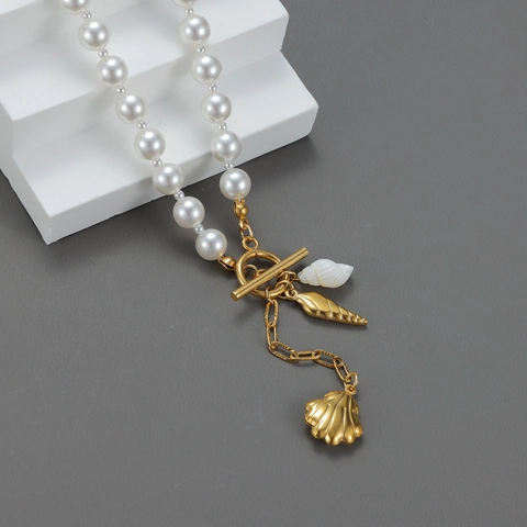 Elegant Artificial Pearl Necklace With Stainless Steel Shell Conch Pendants And Gold OT Buckle Marine Style Jewelry For Women