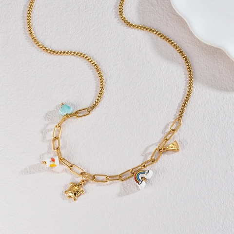 Bohemian Summer 18K Gold Plated Stainless Steel Ceramic Charm Necklace For Women Sea Turtle Shell Rainbow Pendant Jewelry