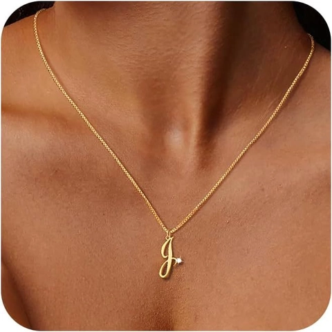 Letter J Pendant Necklace Copper With 14K Gold Plating Cubic Zirconia Cursive Initial Clavicle Box Chain For Women