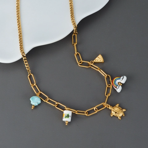 Bohemian Summer 18K Gold Plated Stainless Steel Ceramic Charm Necklace For Women Sea Turtle Shell Rainbow Pendant Jewelry