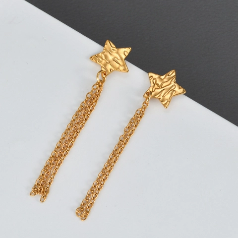 Gehämmerte Stern Quasten Ohrringe Edelstahl 18K Vergoldet Kette Baumeln Drop Elegante Mode Schmuck Für Frauen