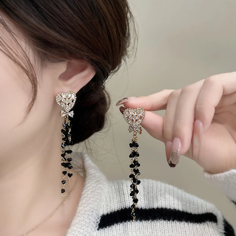 Herz Lange Quasten Ohrringe Mit Schleife Schwarzen Perlen Zirkon Strass Kupfer Ohrstecker Schmuck Für Damen