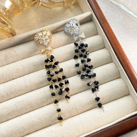 Herz Lange Quasten Ohrringe Mit Schleife Schwarzen Perlen Zirkon Strass Kupfer Ohrstecker Schmuck Für Damen