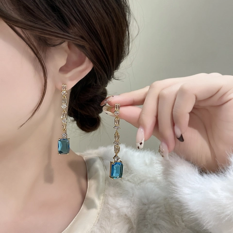 Boucles D'oreilles Pendantes Géométriques Cuivre Plaqué Or 18K Zircon Bleu Strass Longues Bijoux Femme