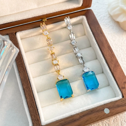Boucles D'oreilles Pendantes Géométriques Cuivre Plaqué Or 18K Zircon Bleu Strass Longues Bijoux Femme