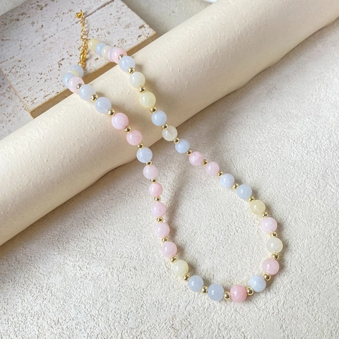 Elegante Natuursteen Kralenketting Voor Dames Macaron Kleurrijke Koperen Tussen kralen Verstelbare Sleutelbeenketting Handgemaakt