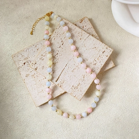 Elegante Natuursteen Kralenketting Voor Dames Macaron Kleurrijke Koperen Tussen kralen Verstelbare Sleutelbeenketting Handgemaakt