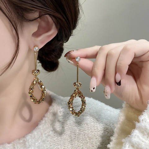Long Drop Dangle Earrings Copper 18K Real Gold Plated Oval Hollow Sequin Pendant With Zircon For Women