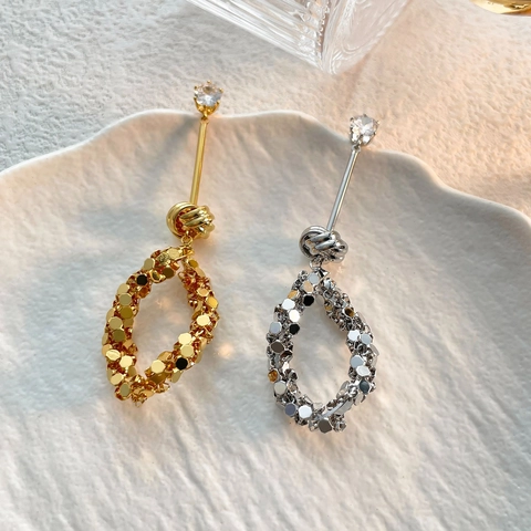 Long Drop Dangle Earrings Copper 18K Real Gold Plated Oval Hollow Sequin Pendant With Zircon For Women