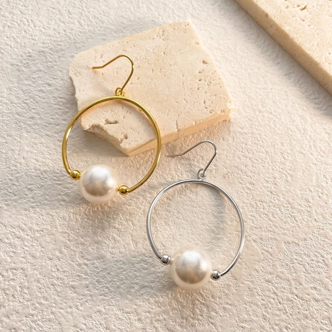 Orecchini A Cerchio Con Perla Artificial Rame Grande Cerchio Rotondo Perla Artificial Sintetica Bianca Placcato Oro 18K Elegante Moda Retro Per Donna
