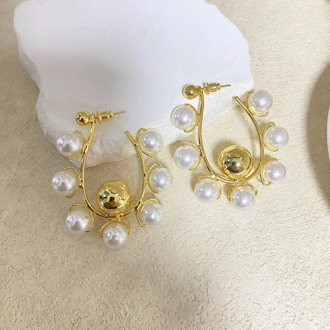 Orecchini In Rame Geometrici A Forma Di U Retrò Francese Con Künstliche Perle D'imitazione Placcati Oro 18K Per Donna