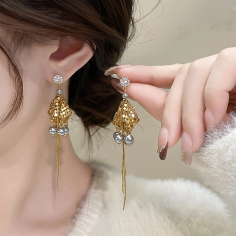 Lange Quasten Ohrhänger Geometrisches Schuppennetz Kupfer Ohrpfosten Kunstperle Rhinestone Luxusschmuck Für Damen