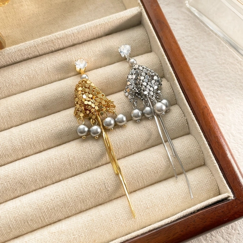 Lange Quasten Ohrhänger Geometrisches Schuppennetz Kupfer Ohrpfosten Kunstperle Rhinestone Luxusschmuck Für Damen