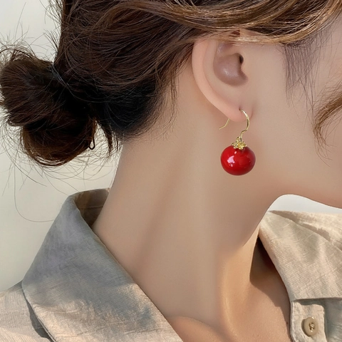 Pomegranate Ear Hook Earrings Vintage Red Glaze Brass Fruit Shaped Jewelry For Women Elegant New Year Gift