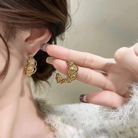 Braided C Shaped Hoop Earrings Copper Gold Silver Plated Zircon Inlaid Minimalist Elegant Jewelry With Silver Earring Post For Women