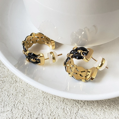Pendientes De Botón En Forme De C Con Patrón Acolchado Retro Para Mujer Cobre Chapado En Oro De 18K Con Poste De Plata 925