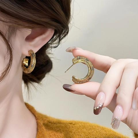 Orecchini A Cerchio A Forma Di C Con Trama A Rete Rame Placcato Oro Reale Donna Stile Minimalista Di Lusso Francese