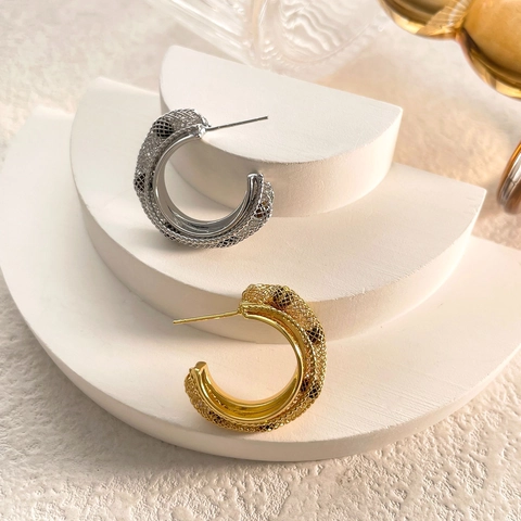 Orecchini A Cerchio A Forma Di C Con Trama A Rete Rame Placcato Oro Reale Donna Stile Minimalista Di Lusso Francese