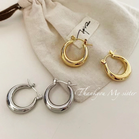 Orecchini A Cerchio Spessi Per Donna Rame Placcato Oro 14K Con Perno In Acciaio Inossidabile Minimalista Lucidato