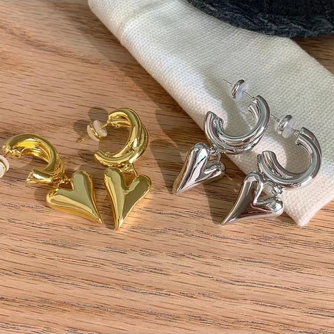 Orecchini Pendenti Cuore 3D In Rame Con 925 Sterling Silver Earring Post Cerchi Geometrici Vintage Donna