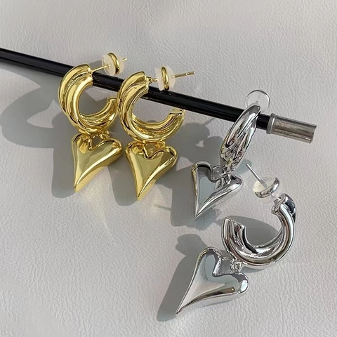 Orecchini Pendenti Cuore 3D In Rame Con 925 Sterling Silver Earring Post Cerchi Geometrici Vintage Donna