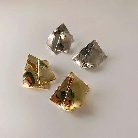 Irregular Geometric Folded Metal Stud Earrings 18K Gold Plated Brass With 925 Sterling Silver Earring Post For Women