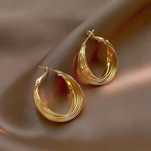 Orecchini A Cerchio Intrecciati Multistrato Vintage Da Donna Ottone Placcato Oro 18K Con Perno In Argento Sterling 925