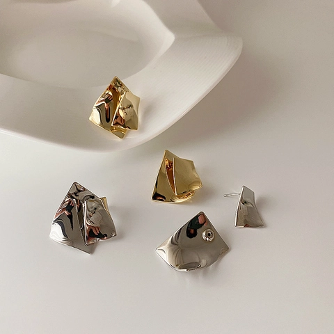 Irregular Geometric Folded Metal Stud Earrings 18K Gold Plated Brass With 925 Sterling Silver Earring Post For Women